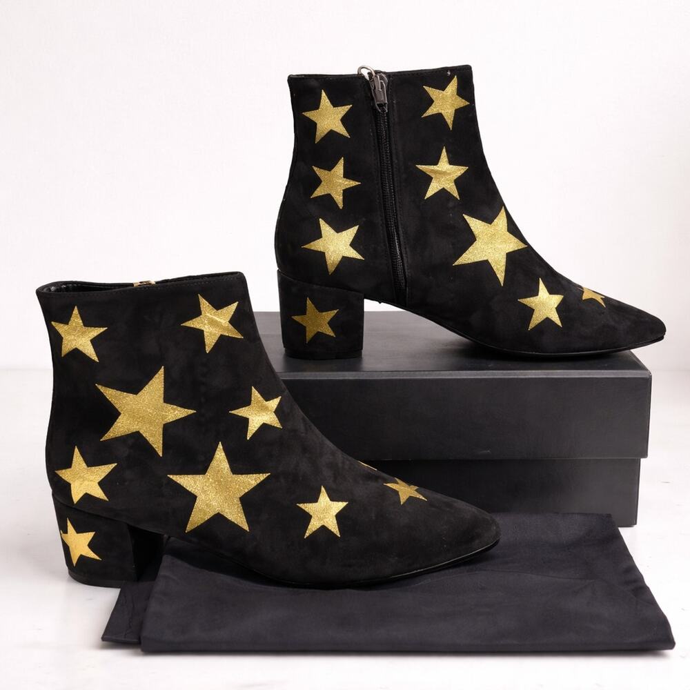 NEW Saint Laurent Lou Ankle Boots Womens 36 Black Suede Gold Star Zip Designer